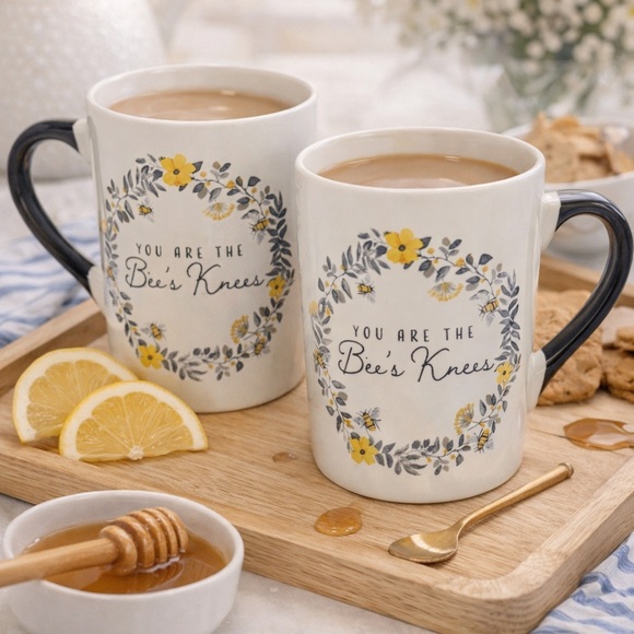 Other - 🐝 Set of 2 Mugs cute message “You’re the Bees Knees” Yellow White Black 🐝